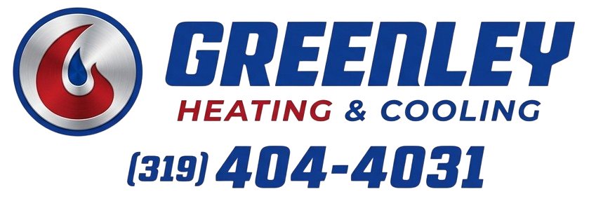 Logo for Greenley Heating & Cooling in blue and red text with a flame-and-drop icon and the phone number (319) 404-4031.