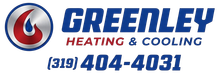 Logo for Greenley Heating & Cooling in blue and red text with a flame-and-drop icon and the phone number (319) 404-4031.