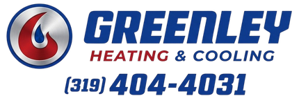 Logo for Greenley Heating & Cooling in blue and red text with a flame-and-drop icon and the phone number (319) 404-4031.