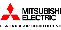Mitsubishi Electric Heating & Air Conditioning logo with its three-diamond red emblem next to black text.