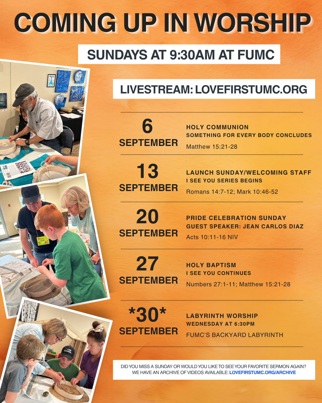 August Worship Schedule
Sundays at 9:30am at FUMC
Livestream available: lovefirstumc.org
