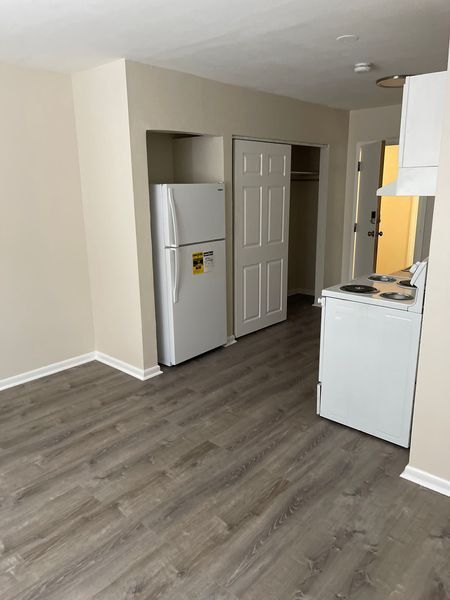 Empty apartment kitchen and living area with white appliances and gray wood flooring