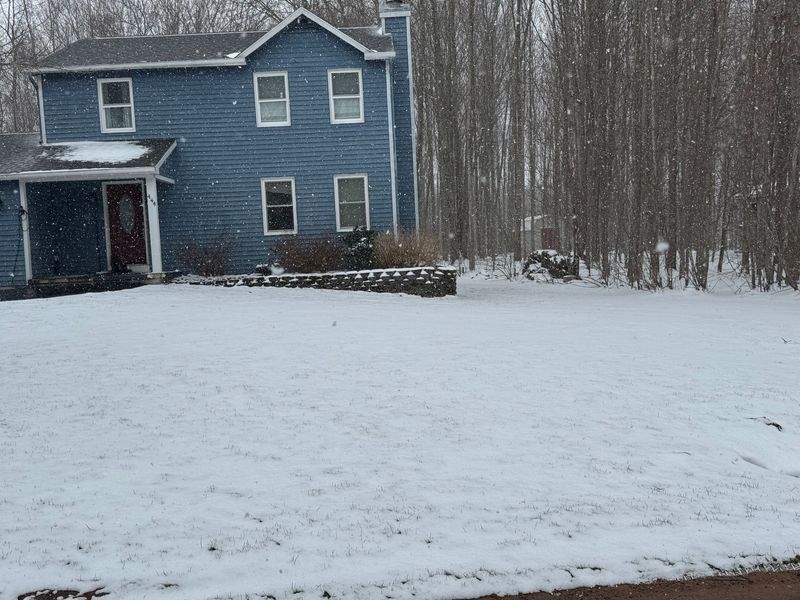 Snow-covered yard beside a blue house with woods in the background
