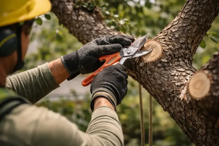 Person in a yellow hard hat pruning a tree branch with orange-handled shears outdoors