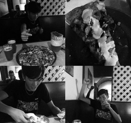 Person eats pizza and drinks at a table in a black-and-white collage of four candid photos