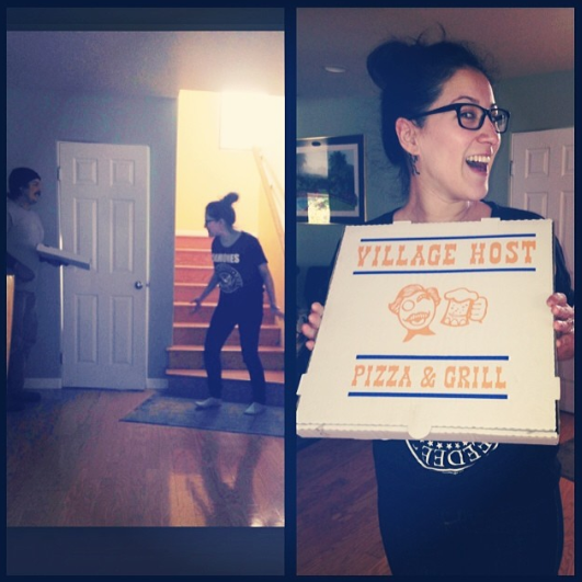 Two-panel photo: a woman in glasses holds a Village Host Pizza & Grill sign; another person stands by a doorway.