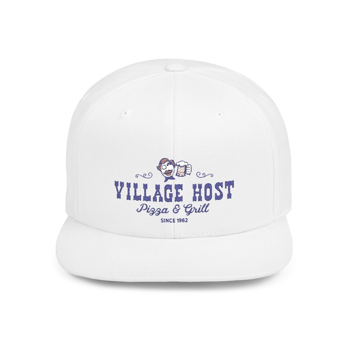 Gray flat-brim cap with blue embroidered text on the side and visor sticker on a white background