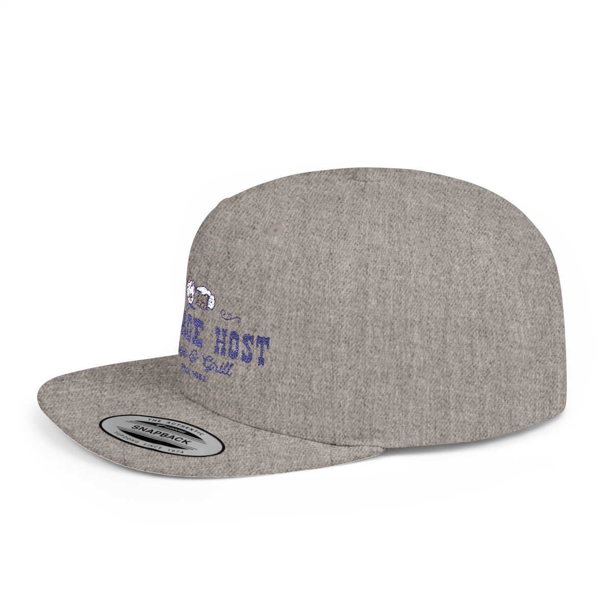 Gray flat-brim cap with blue embroidered text on the side and visor sticker on a white background