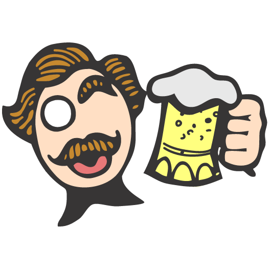 Cartoon man with mustache holding a frothy beer mug and smiling