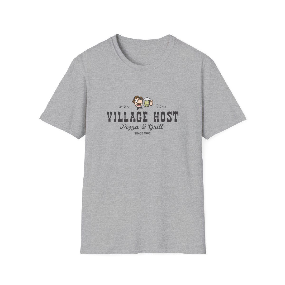 Gray T-shirt with “Village Host” text and a small dog graphic on the chest