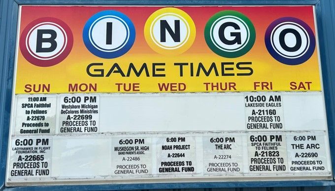 A sign that says bingo game times on it