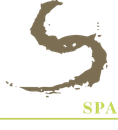 A stylized, taupe brushstroke letter