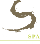 A stylized, taupe brushstroke letter