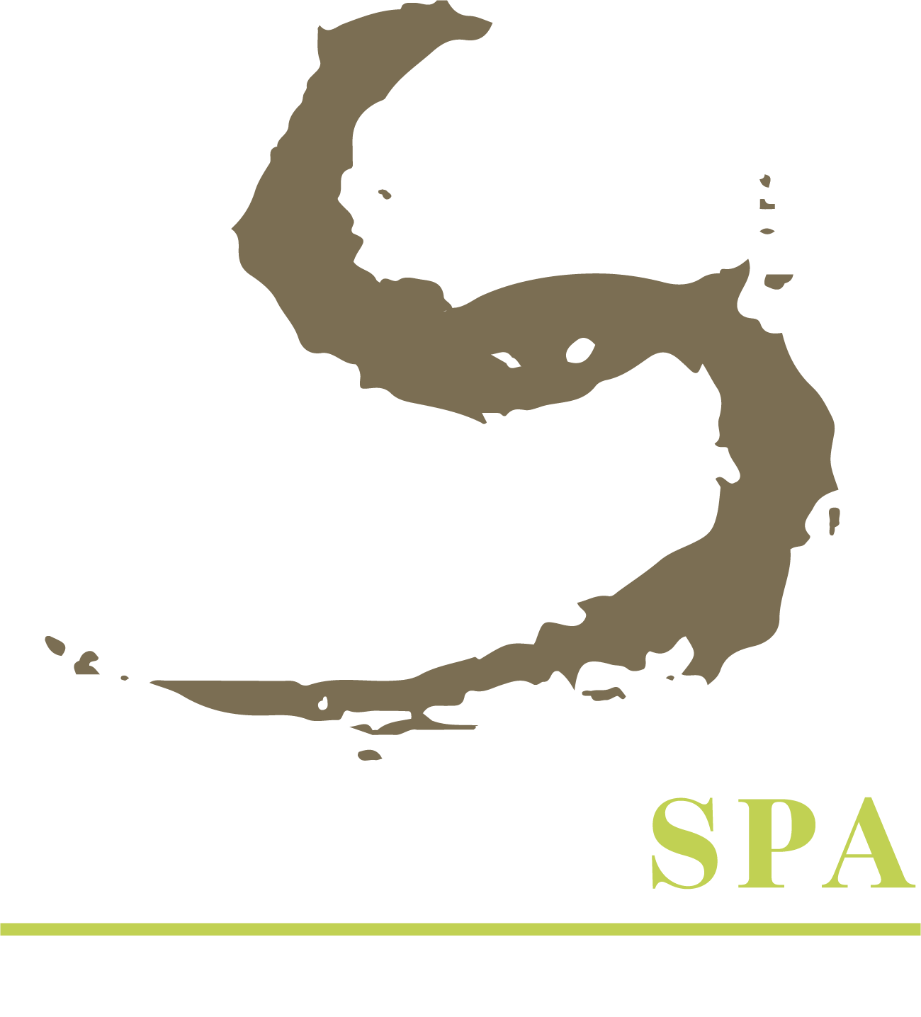 A stylized, taupe brushstroke letter