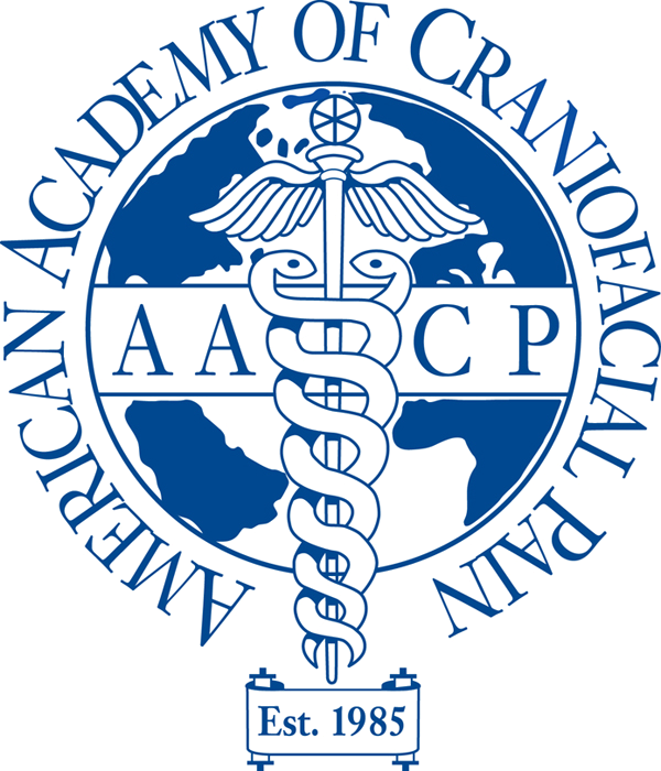 Blue-and-white American Academy of Craniofacial Pain logo with caduceus and “Est. 1985” text