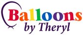 The logo for balloons by theryl shows a rainbow of colors.