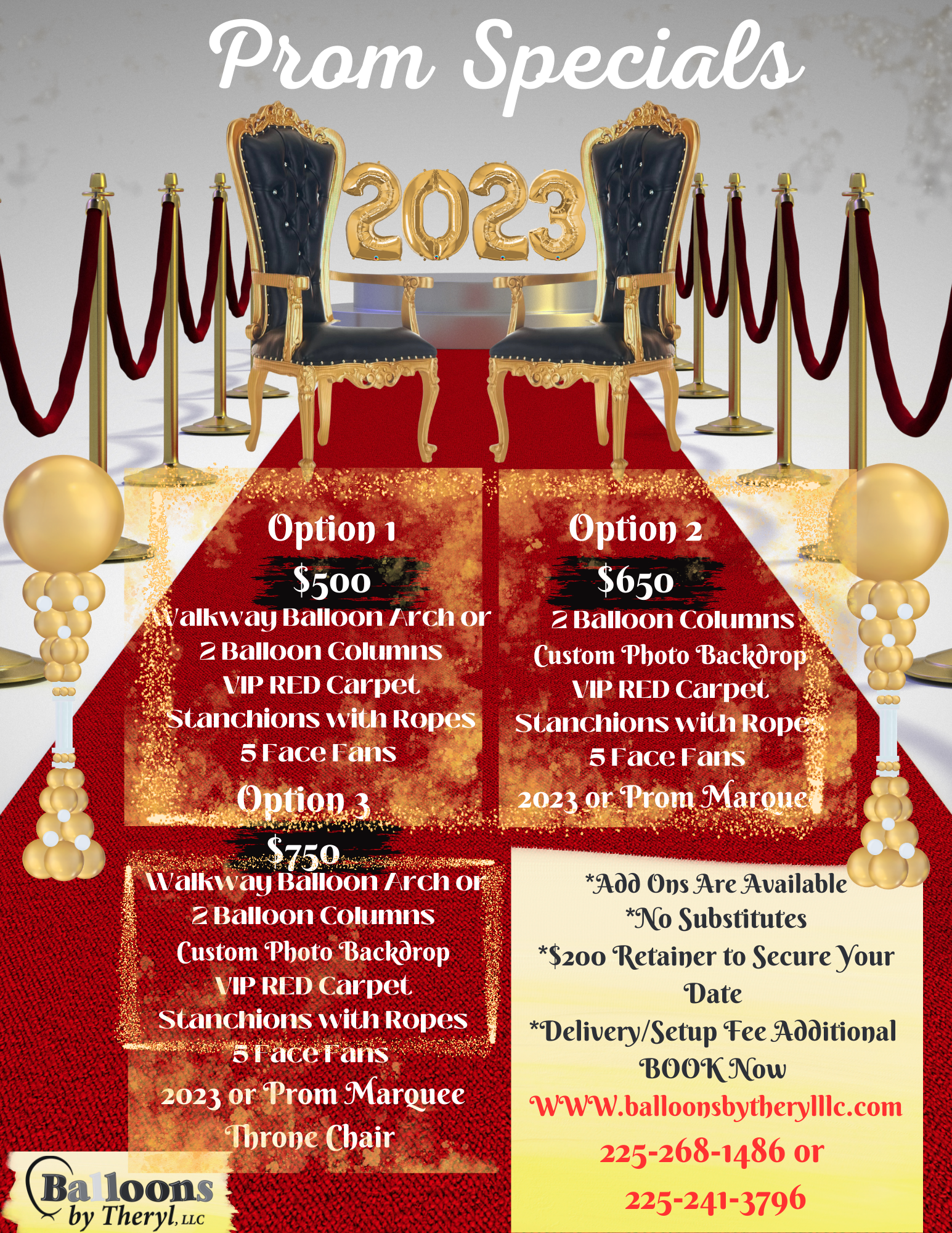 A prom specials flyer for 2023 with a red carpet and gold chairs.