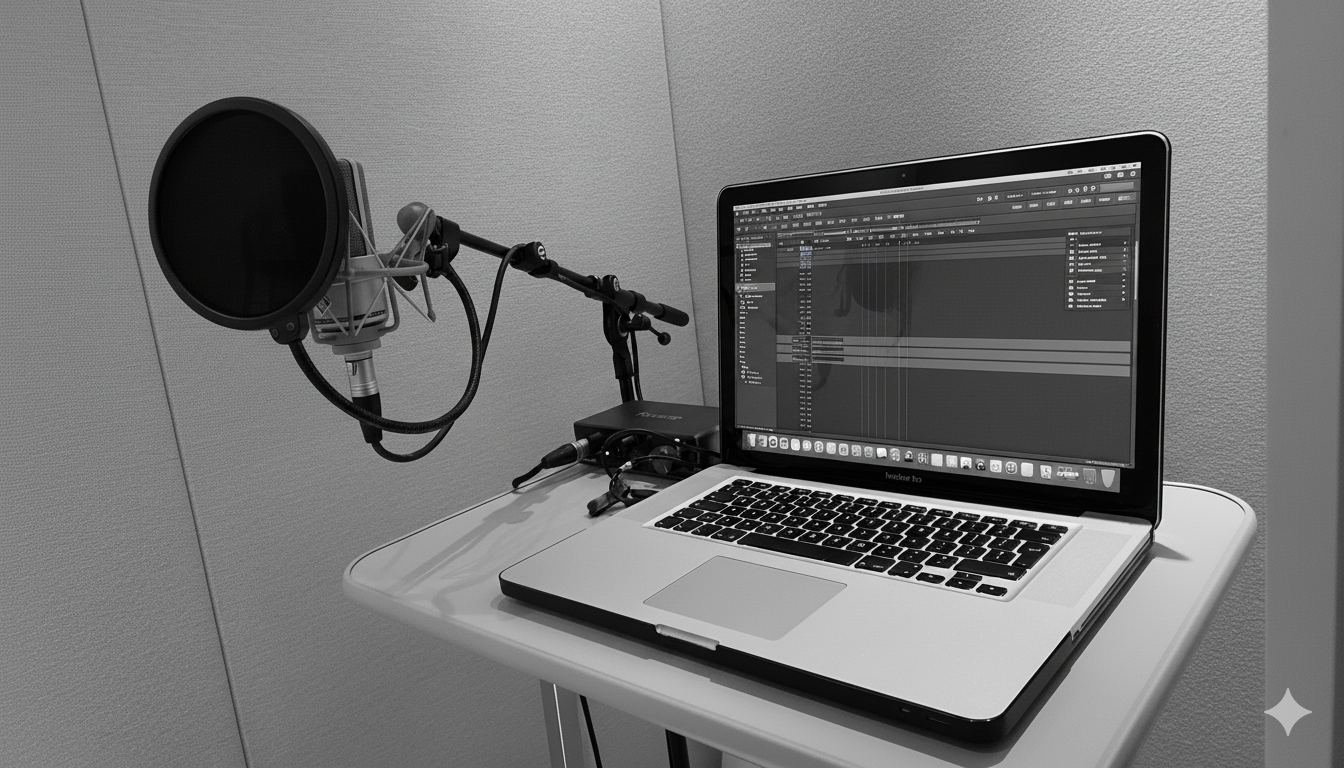 Opstelling van de opnamestudio: microfoon met popfilter, laptop met audiobewerkingssoftware, op een klein tafeltje.