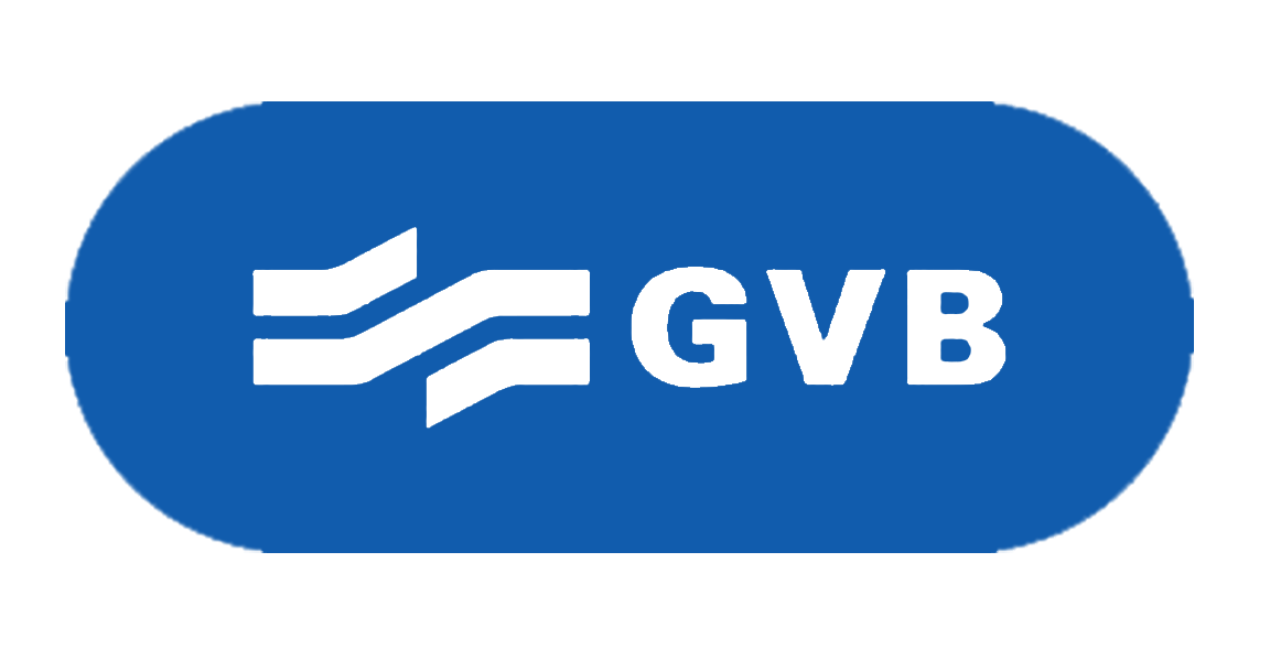 Blauwe ovale vorm met wit GVB-logo, waarschijnlijk voor het openbaar vervoer in Amsterdam.