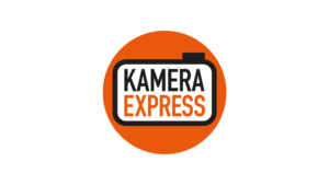 Logo voor Kamera Express: camera-icoon in een rechthoek met zwarte rand, oranje cirkel op de achtergrond, witte tekst.