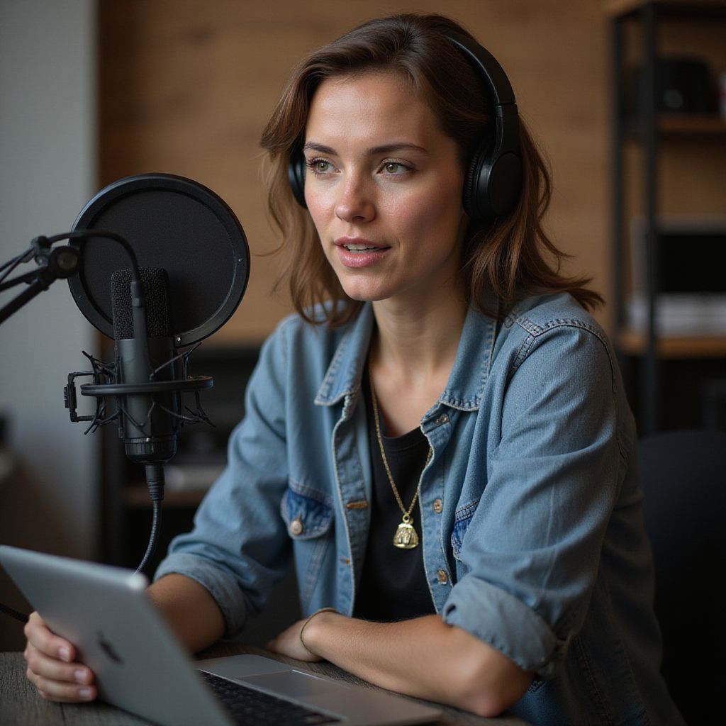 Vrouw met koptelefoon op, sprekend in een microfoon, met een opengeklapte laptop. Binnen, informele omgeving.