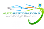 Auto Restorations logo with blue and green swoosh, car, and &ldquo;Auto Body & Paint Inc.&rdquo; text