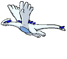 Lugia, a white and blue Pokémon, flying with outstretched wings.