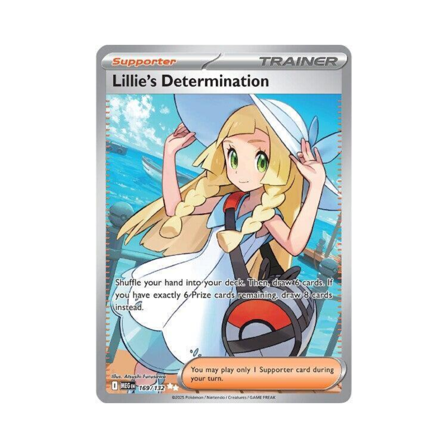 Lillie's Determination Pokémon trainer card. Lillie holds her hat with a determined expression, surrounded by a cityscape.