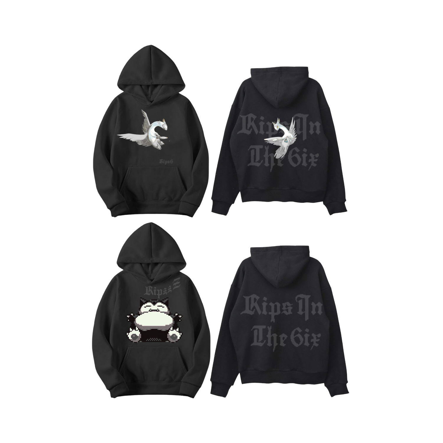 Two black hoodies. One with a dragon graphic, the other with a frog. Both say 