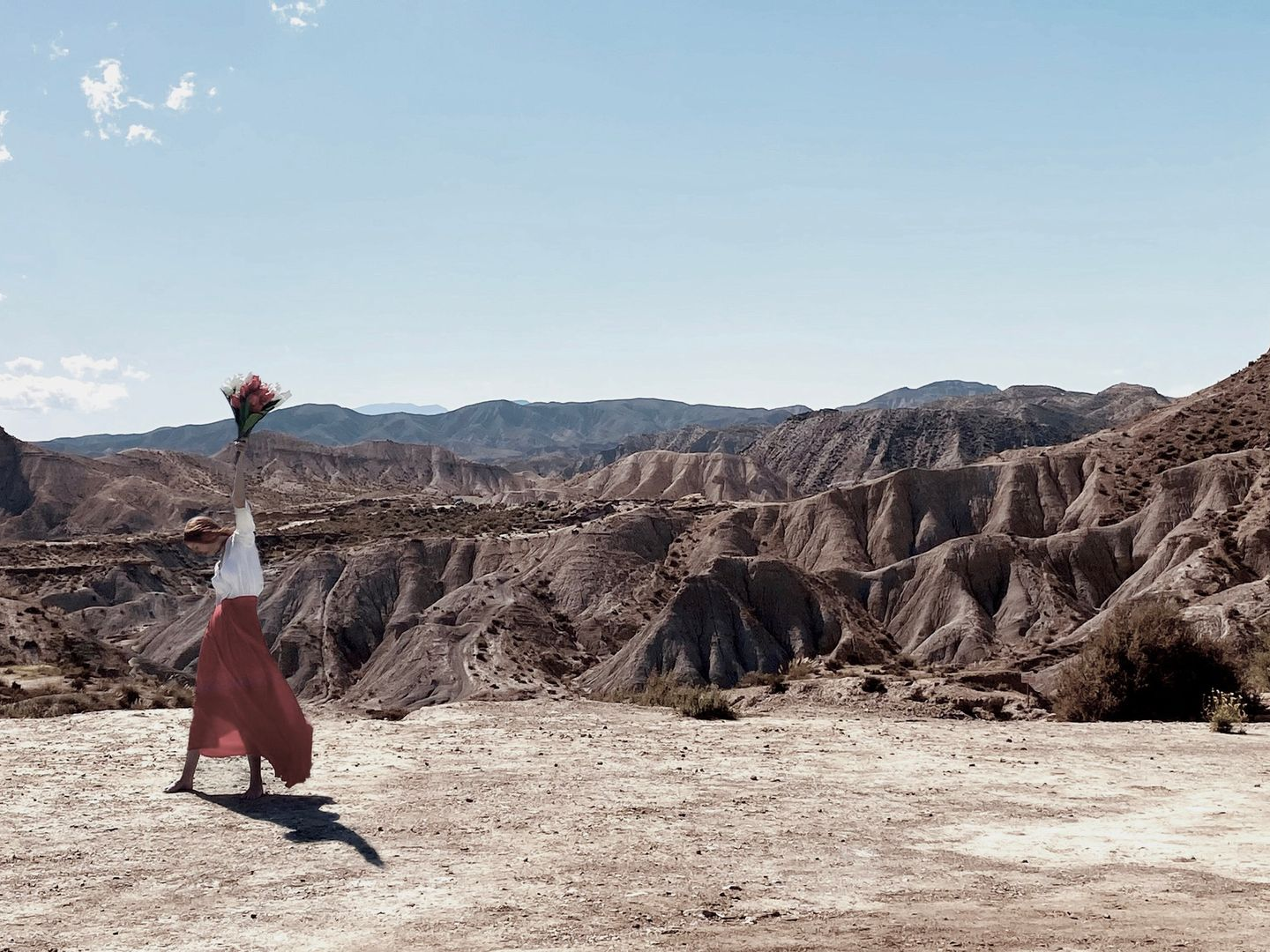 Woman holding a bouquet of tulips above her head, standing in a desert landscape.