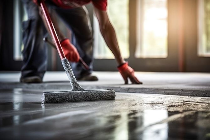 Contractor applying sealant to a concrete floor.