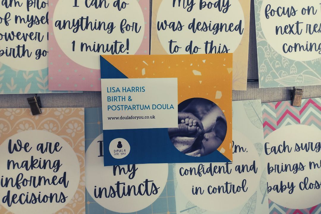 Lisa Harris Doula Visual of birth affirmations and Lisa Harris Doula’s card, reflecting the supportive role of a doula. – what’s a doula?