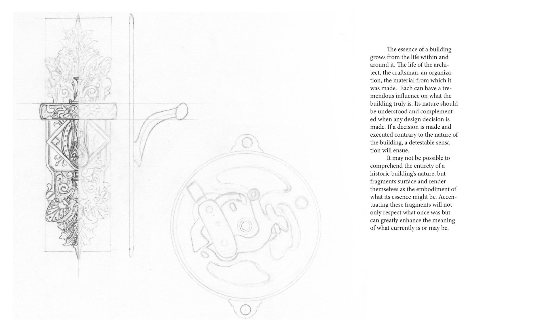 Technical diagrams showing an ornate vertical handle design and a circular mechanical component with explanatory text.