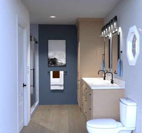 A modern bathroom with a light wood vanity, white countertops, dark blue accent wall, and a framed black and white art.