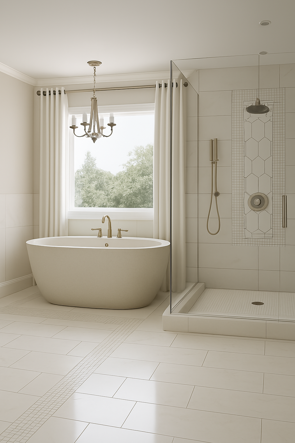A bright bathroom features a freestanding cream bathtub, a glass-enclosed shower, a chandelier, and light-colored tile floors.
