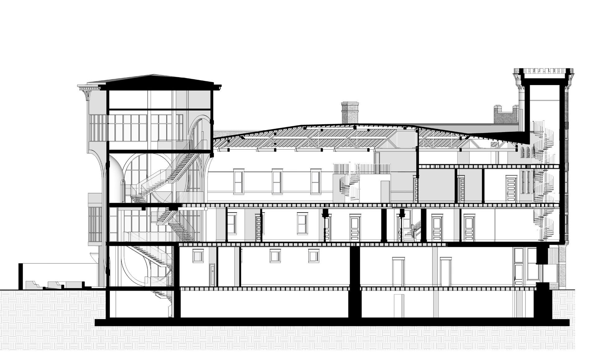 A black-and-white architectural section drawing showing a building's interior levels, staircases, and roof structure.