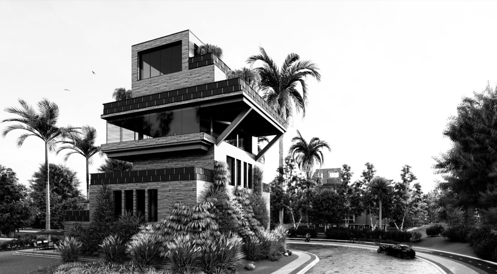A multi-level, modern brick building with glass windows and balconies, surrounded by palm trees and landscaping.