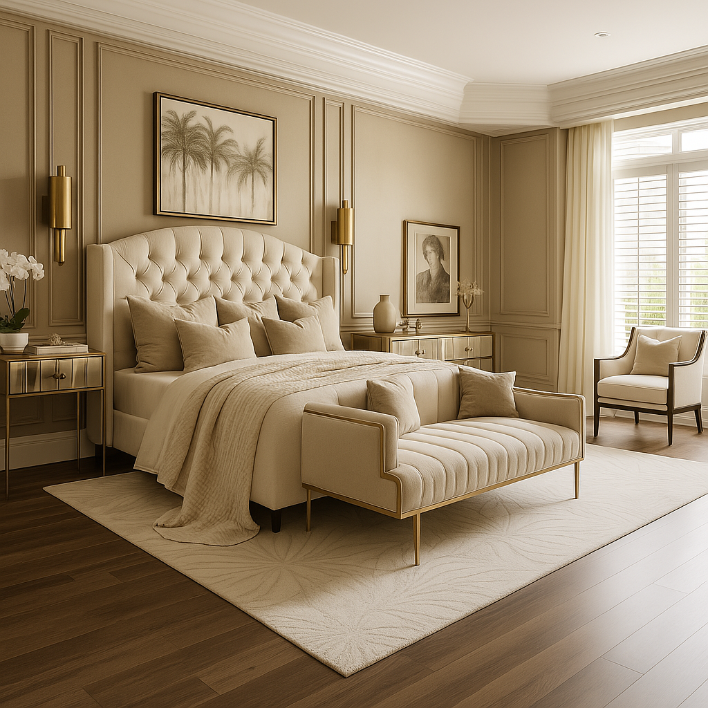 A neutral-toned bedroom with a tufted king bed, upholstered bench, area rug, and an armchair by a window.