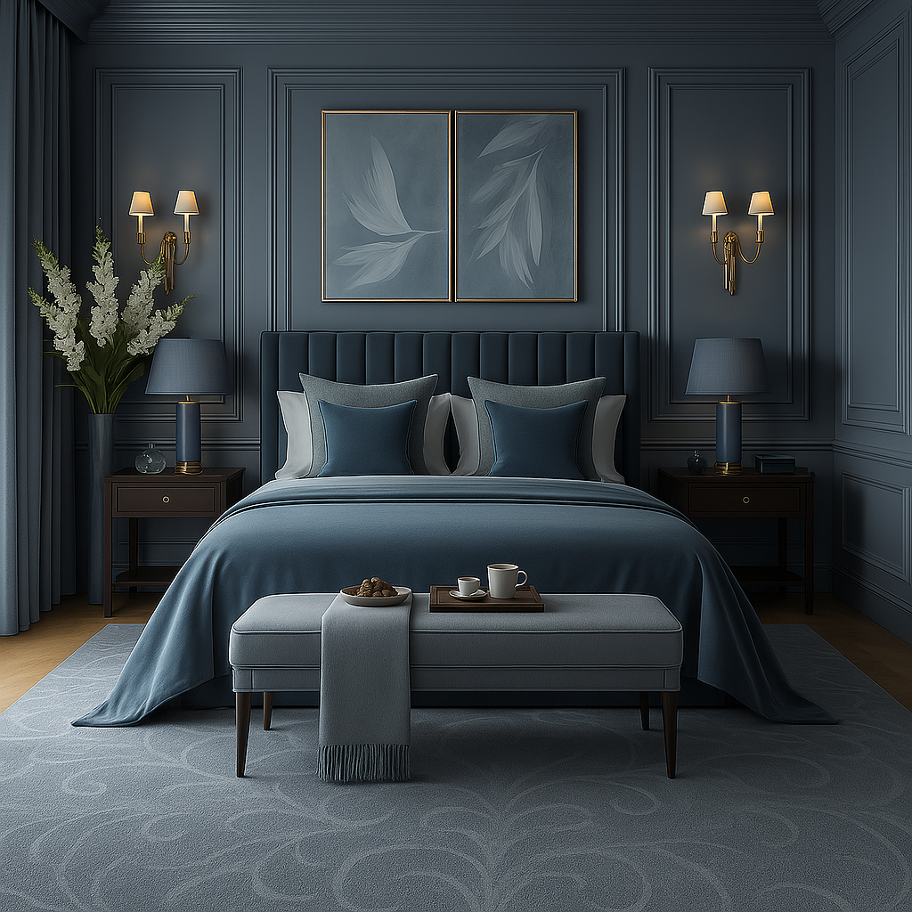 A moody, modern bedroom in shades of deep blue with a tufted headboard, matching decor, and a bench at the foot of the bed.