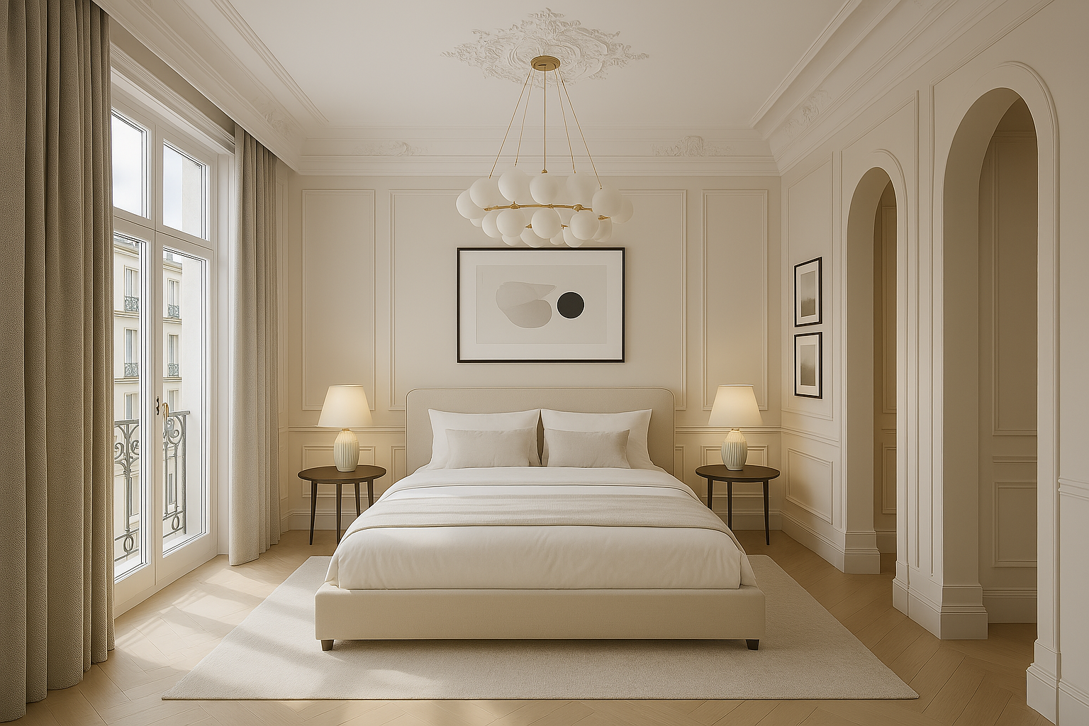 A serene, neutral-toned bedroom with a centered bed, globe chandelier, framed artwork, and arched entryways.