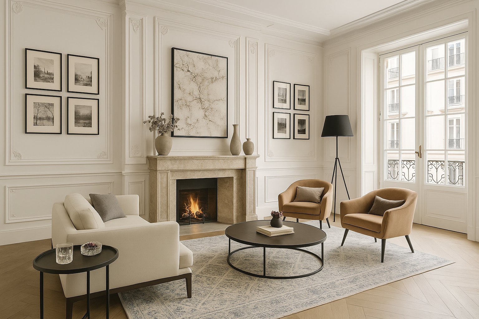 A bright, elegant living room featuring a fireplace, a white sofa, two beige armchairs, and a round coffee table on a rug.