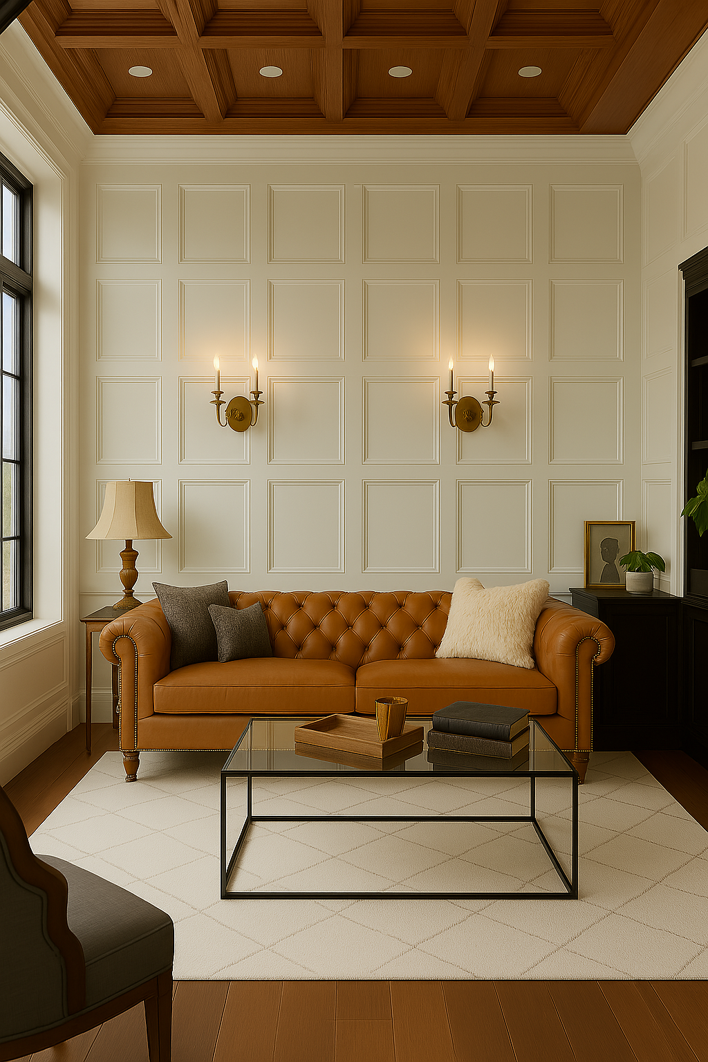 A tan leather tufted sofa centered against a white wainscoted wall with two wall sconces and a glass coffee table.
