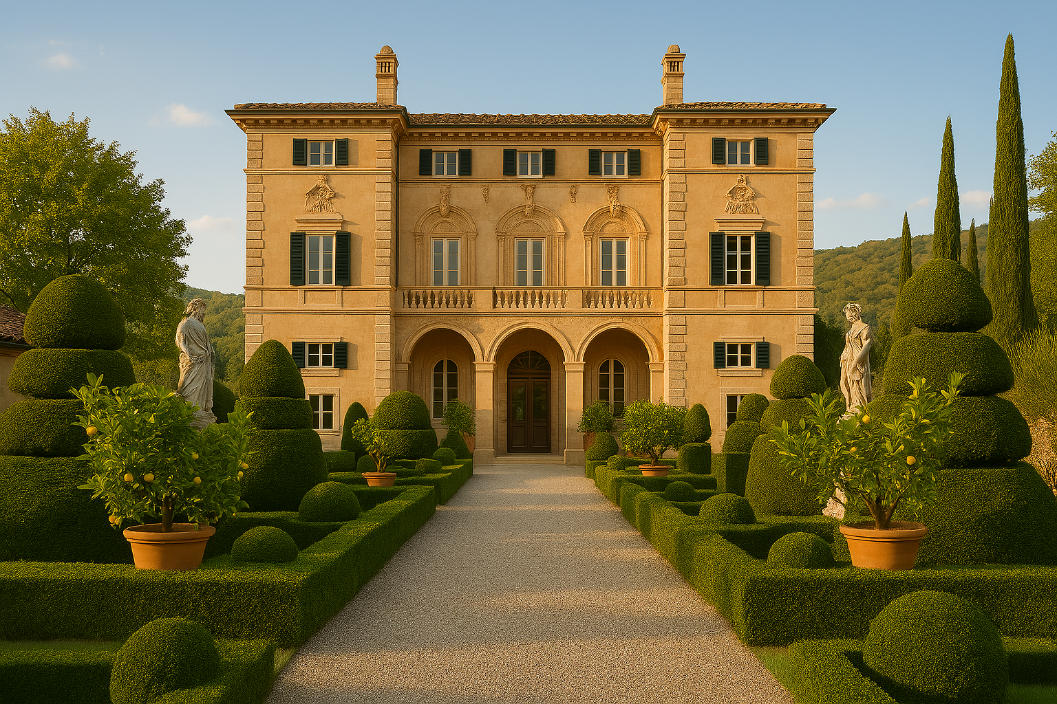 A classic tan stone villa in Italy with symmetrical architecture, flanked by manicured topiaries and a gravel path.