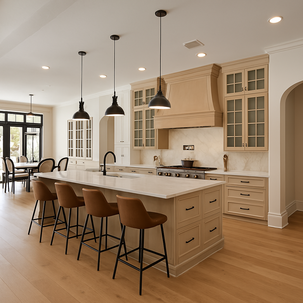 A bright, modern kitchen with light wood cabinetry, a large white-topped island with four brown stools, and pendant lights.