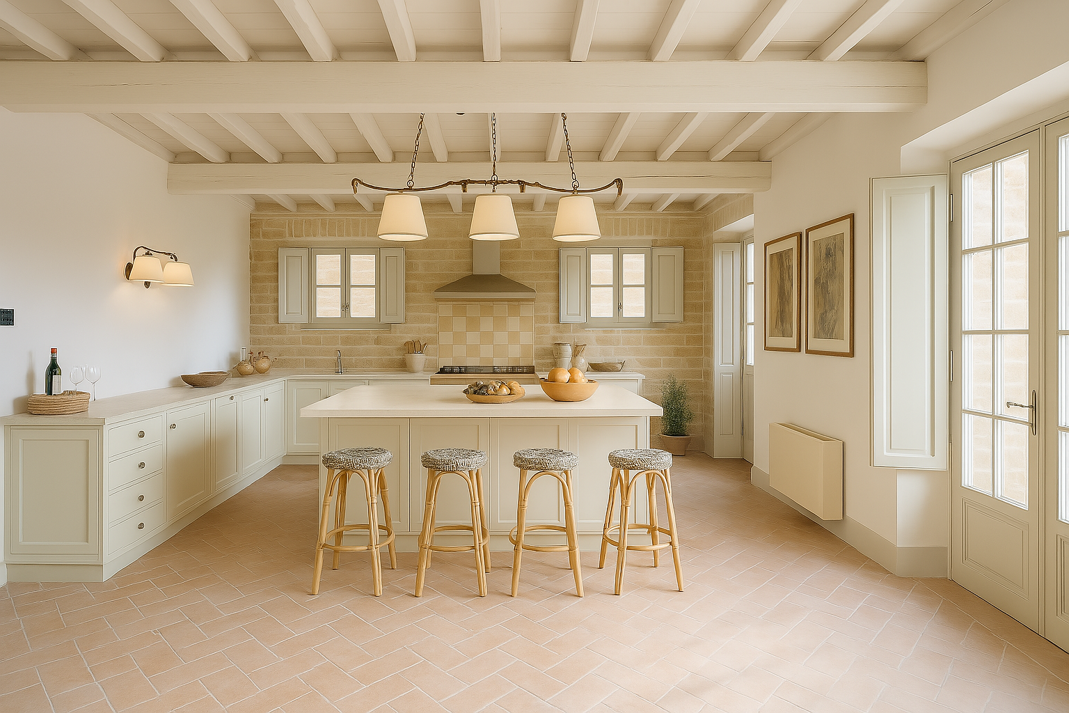 A bright, cream-colored rustic kitchen featuring an island with four wooden stools, ceiling beams, and stone walls.