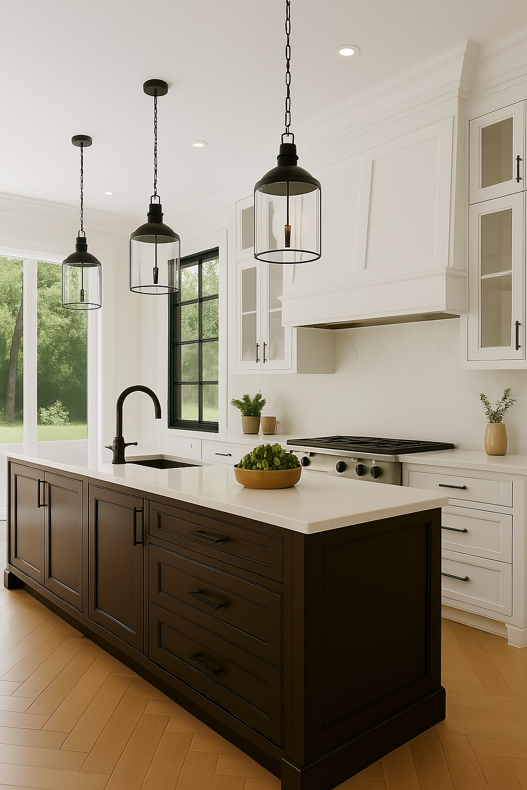 A kitchen features a dark central island, white cabinetry, a stovetop, and three hanging black pendant lights.
