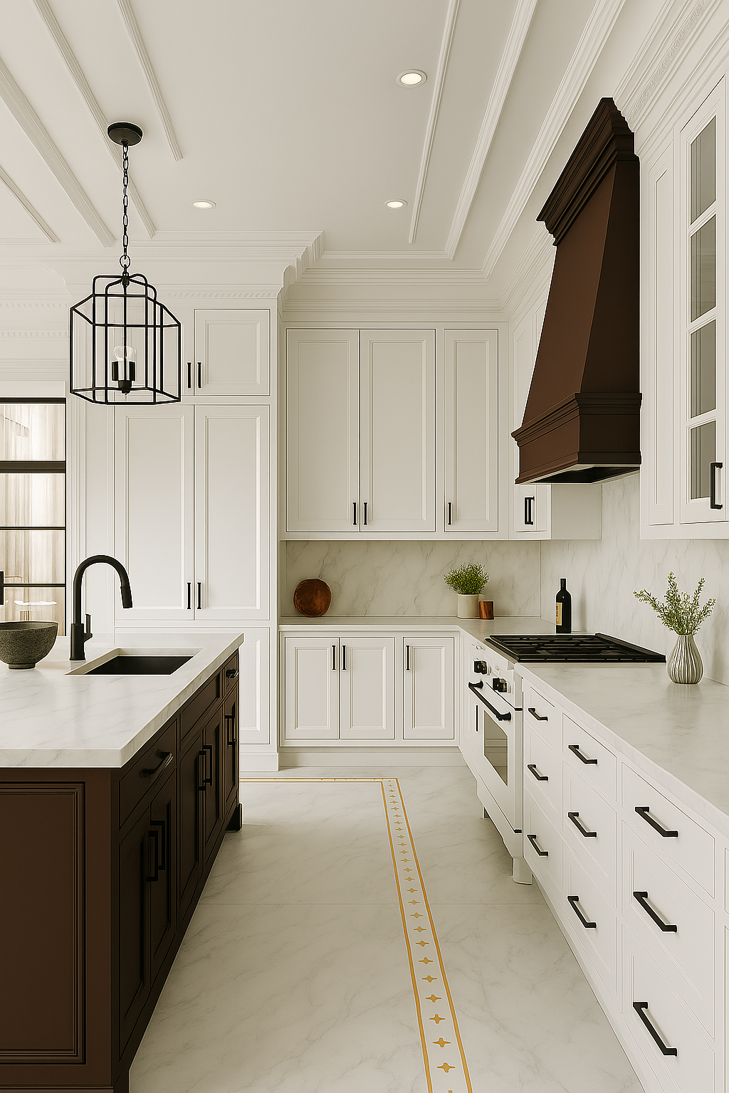 A modern kitchen with white cabinetry, a dark brown island, marble countertops, and a prominent dark brown range hood.