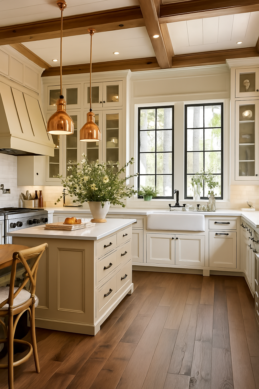 A cream-colored kitchen featuring wood ceiling beams, a central island, copper pendant lights, and large windows.