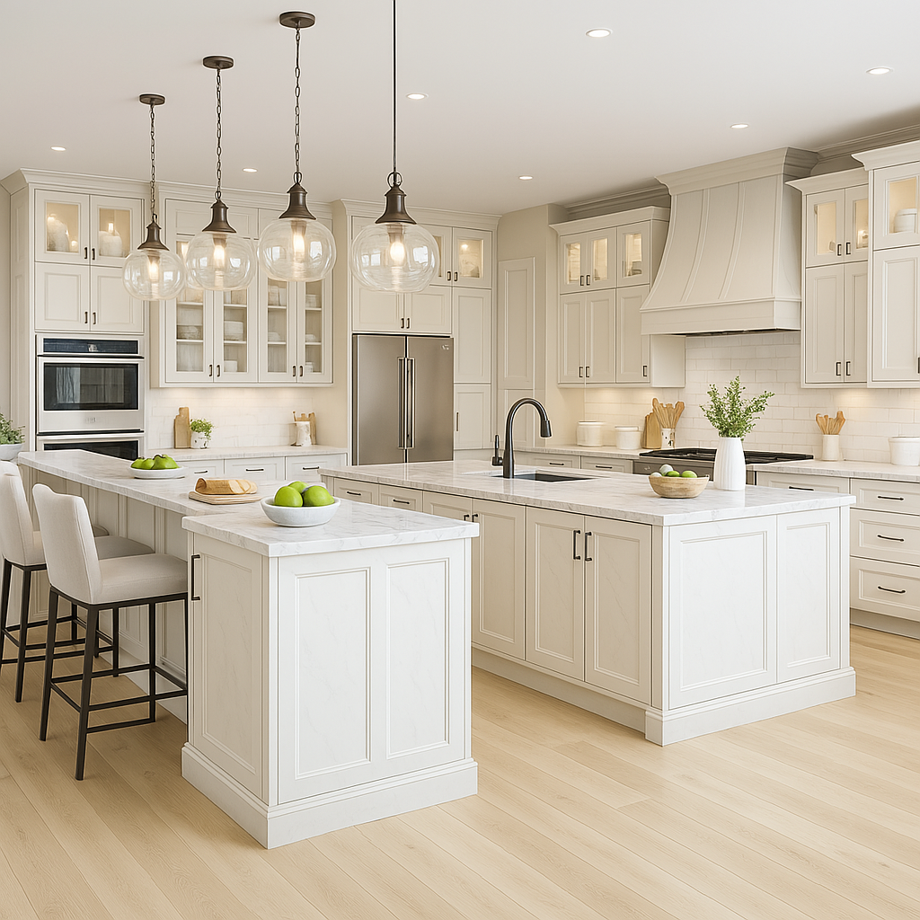 Modern white kitchen with two islands, marble countertops, stainless steel appliances, and pendant lighting.