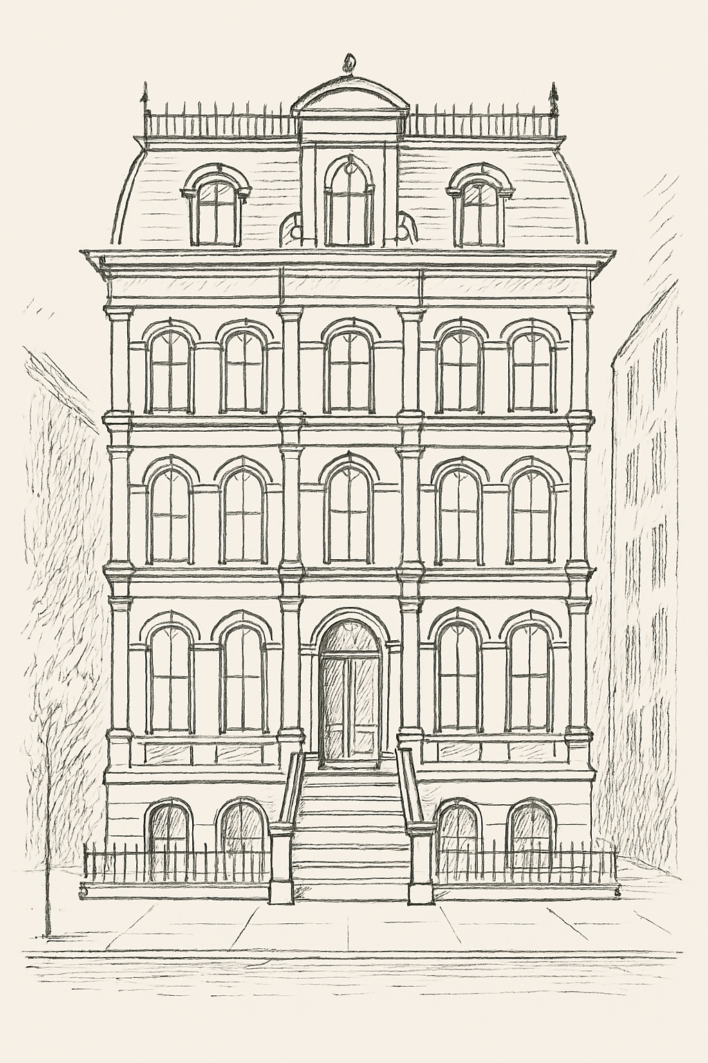 A black-and-white architectural line drawing of a multi-story, 19th-century townhouse with a Mansard roof.